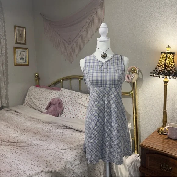 Y2K Blue Plaid Mini Dress - Picture 3 of 11